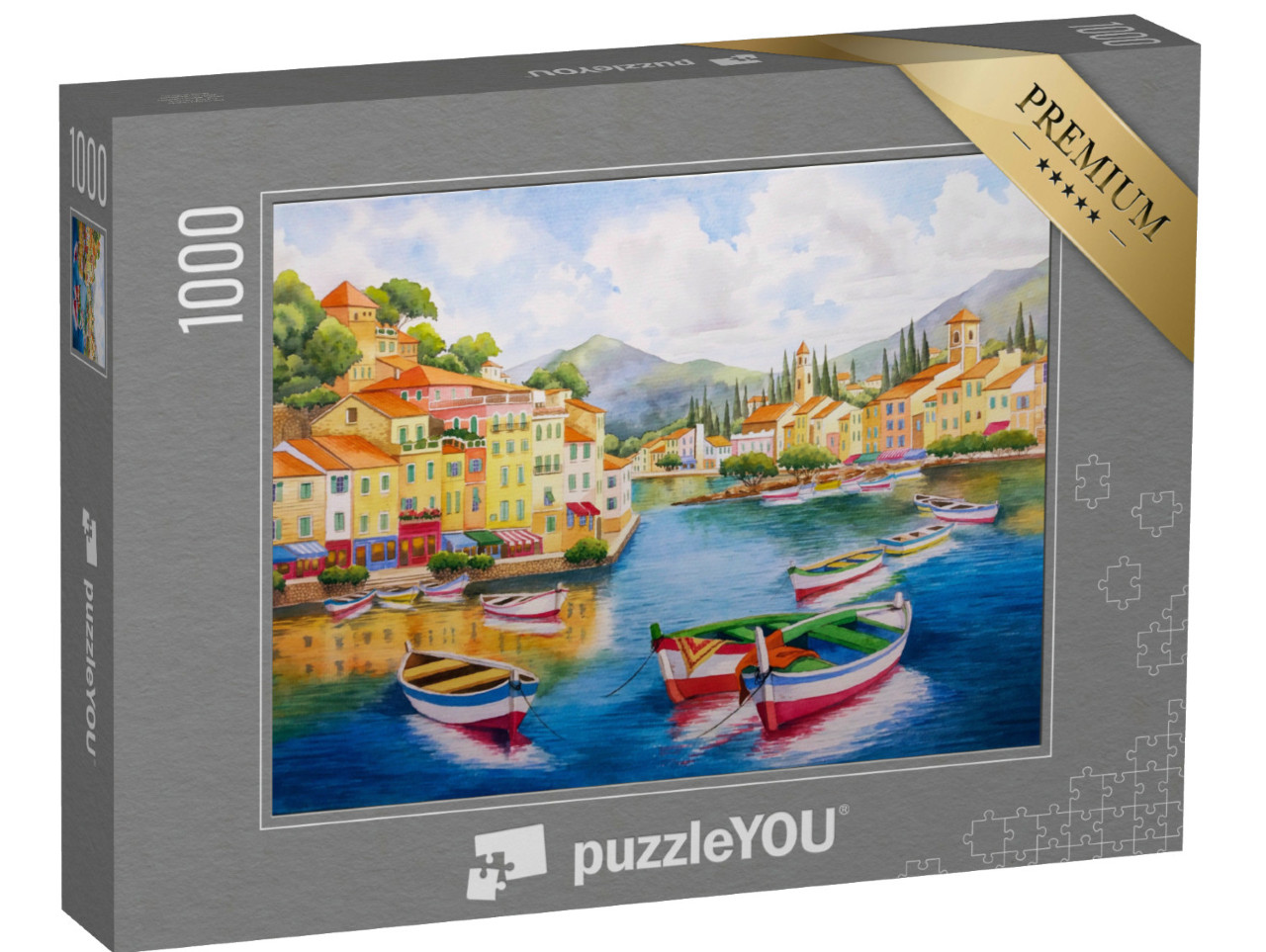 Puzzle 1000 pezzi „Acquerello disegnato a mano di Portofino panoramica, villaggio costiero, edifici colorati, barche“
