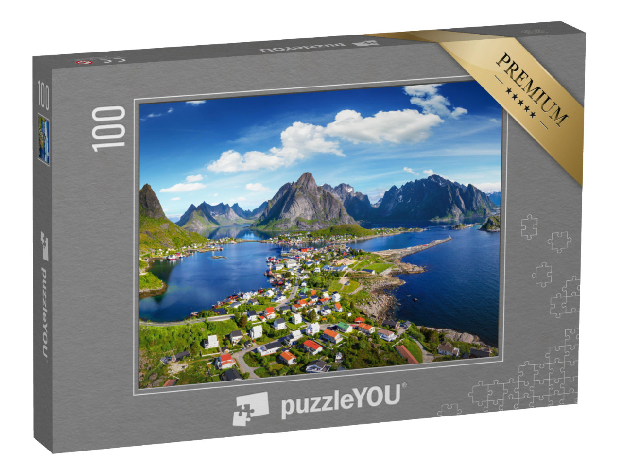 Puzzle 100 pezzi „Il villaggio di Reine sotto un cielo azzurro e soleggiato, Lofoten, Norvegia“