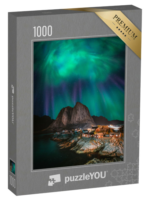 Puzzle 1000 pezzi „L'aurora boreale sul villaggio di pescatori di Hamnøy, Norvegia“