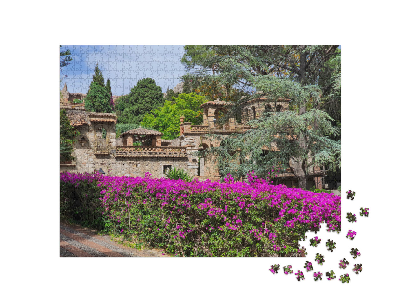 Puzzle 1000 pezzi „Vista dei giardini della Villa comunale di Taormina in Sicilia in estate“