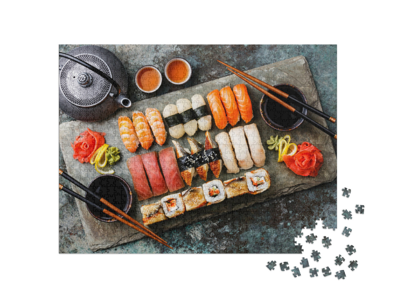 Puzzle 1000 pezzi „Set di sushi nigiri e rotoli di sushi con tè“