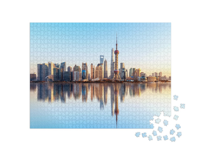 Puzzle 1000 pezzi „Lo skyline di Shanghai con il riflesso dell'acqua“