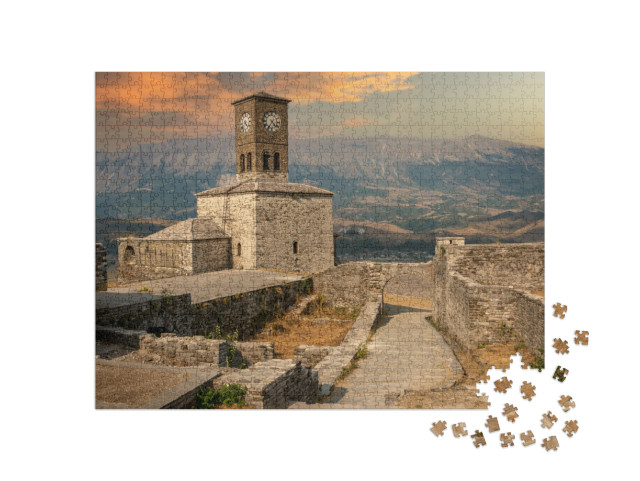 Puzzle 1000 pezzi „Torre dell'orologio e fortezza di Gjirokaster, Albania“