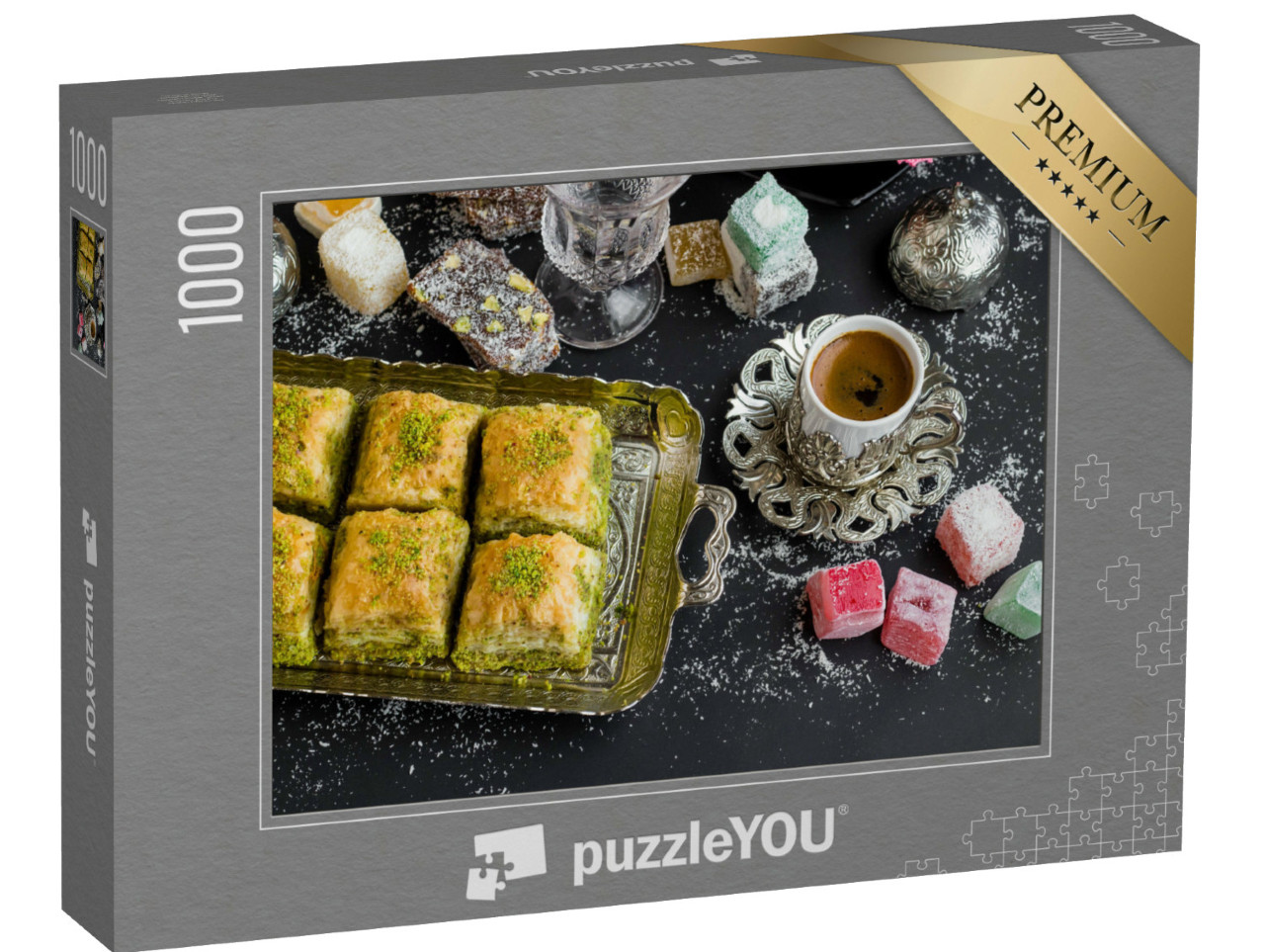 Puzzle 1000 pezzi „Baklava con pistacchi, un dolce tradizionale turco con caffè“
