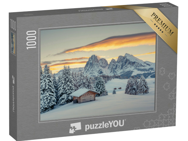 Puzzle 1000 pezzi „Alba sull'Alpe di Siusi, colline innevate, Gruppo del Sassolungo, Dolomiti“