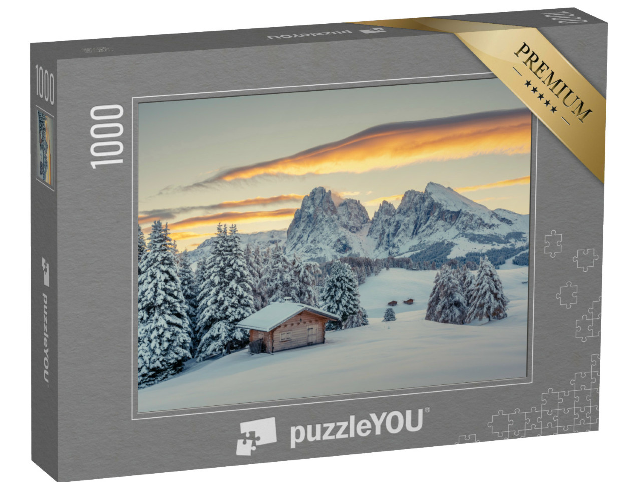 Puzzle 1000 pezzi „Alba sull'Alpe di Siusi, colline innevate, Gruppo del Sassolungo, Dolomiti“