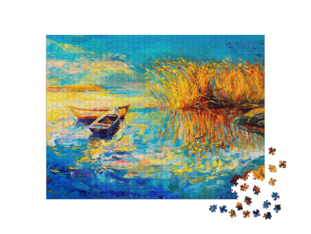 Puzzle 1000 pezzi „Pittura a olio: Barche sulla riva del lago“