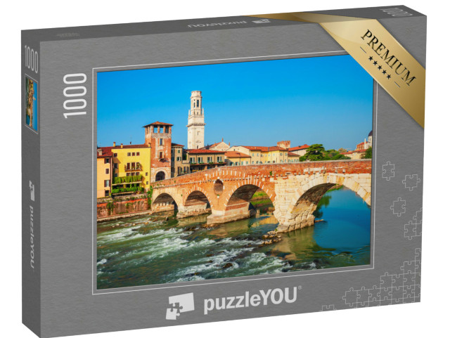 Puzzle 1000 pezzi „Ponte Pietra è un ponte romano ad arco in pietra che attraversa il fiume Adige a Verona, in Veneto.“