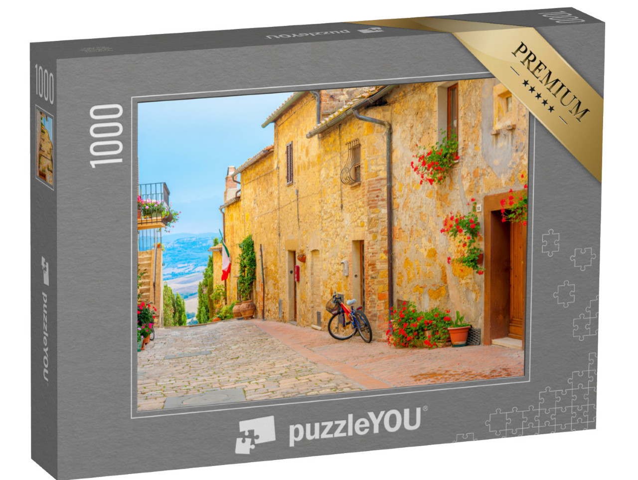 Puzzle 1000 pezzi „Una strada del bellissimo borgo di San Gimignano con vista sulla valle toscana. Italia. Europa“