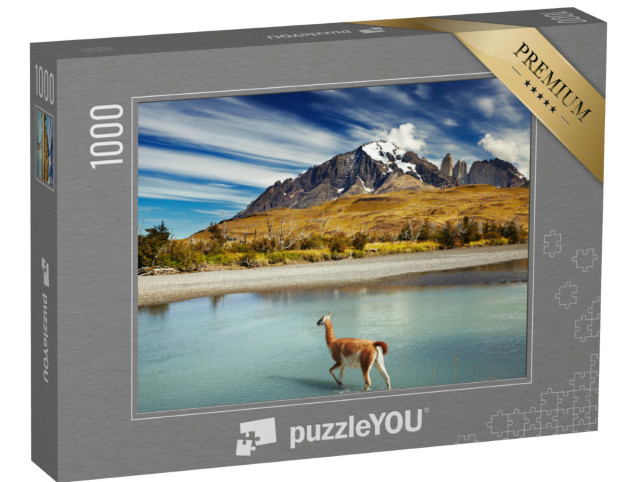Puzzle 1000 pezzi „Guanaco che attraversa il fiume a Torres del Paine, Patagonia, Cile“