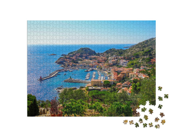 Puzzle 1000 pezzi „Panoramica di Giglio Porto, Isola del Giglio, Toscana, Italia“