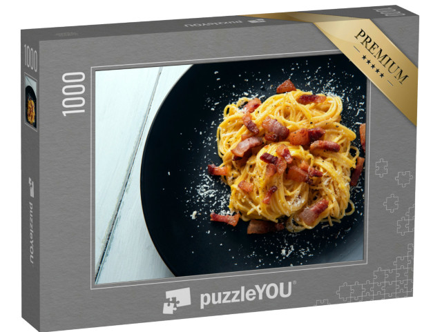 Puzzle 1000 pezzi „Pasta alla carbonara, ricetta tradizionale di spaghetti con guanciale, uovo, pecorino e pepe nero“
