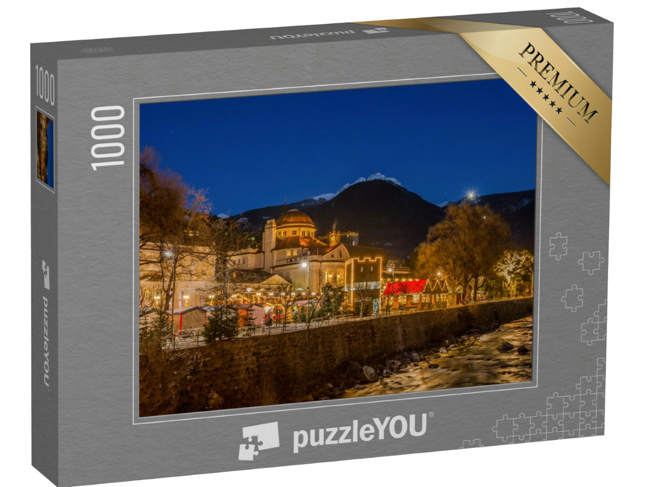 Puzzle 1000 pezzi „Merano Merano in Alto Adige, Italia, durante il Natale con il mercatino di Natale notturno“