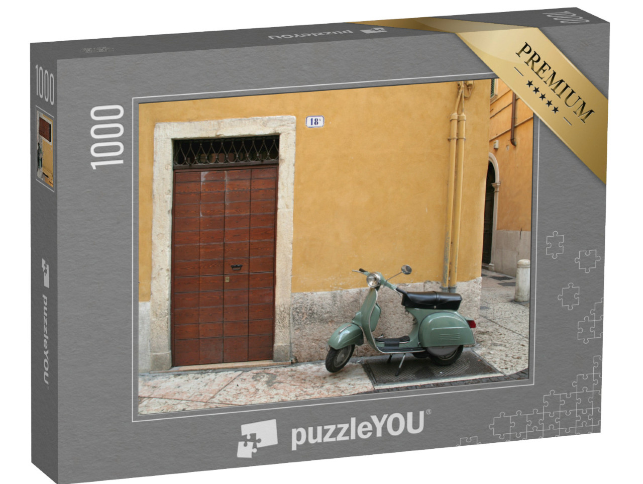 Puzzle 1000 pezzi „La tipica strada italiana con la porta bianca e lo scooter“