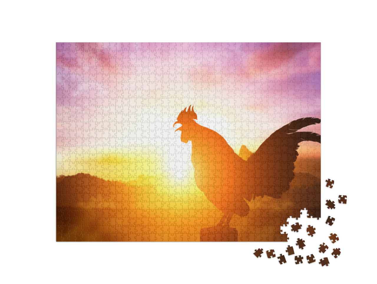 Puzzle 1000 pezzi „Silhouette di un gallo canterino nell'alba radiosa“