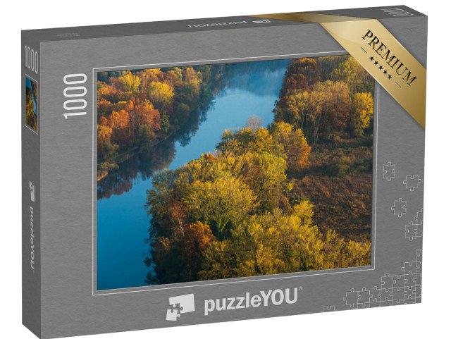 Puzzle 1000 pezzi „vista dall'alto di un'alba autunnale di sole e nebbia sul fiume Adda, Lecco Italia“