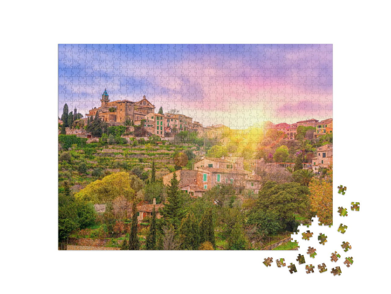 Puzzle 1000 pezzi „La valle di Valdemossa a Maiorca all'alba, Spagna“