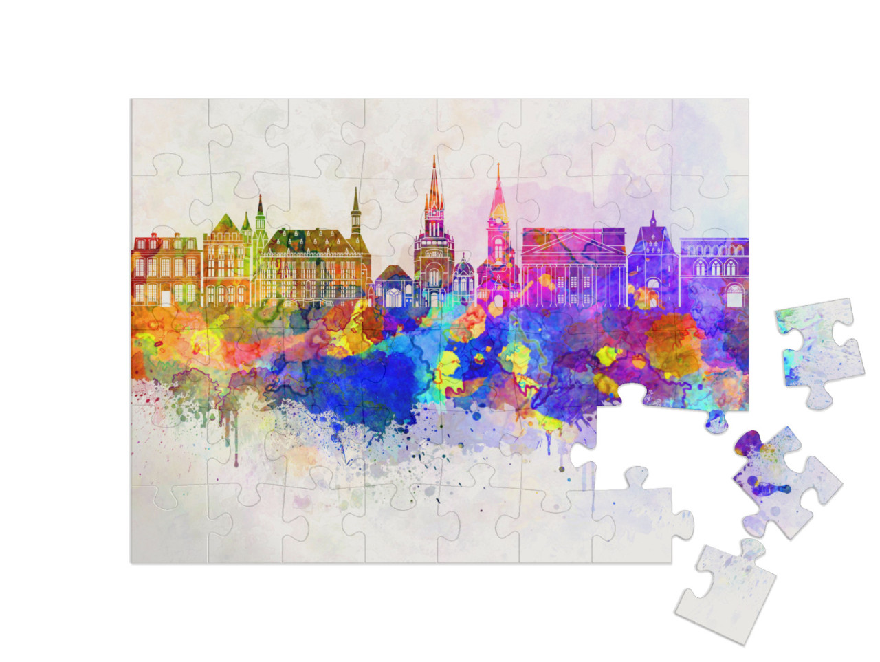 Puzzle 48 pezzi „Acquerello dello skyline di Aquisgrana“