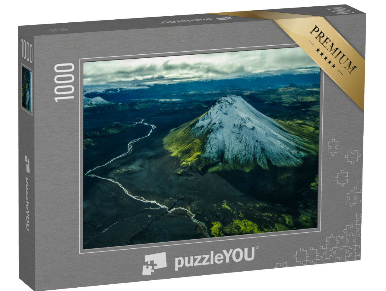 Puzzle 1000 pezzi „Veduta aerea di un fiume vicino a un vulcano innevato in Islanda“