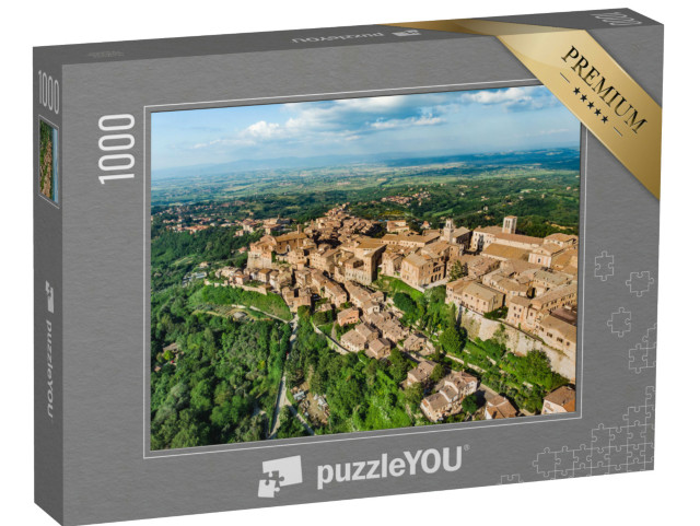 Puzzle 1000 pezzi „Montepulciano in una giornata estiva, situata su un crinale calcareo circondato da vigneti“