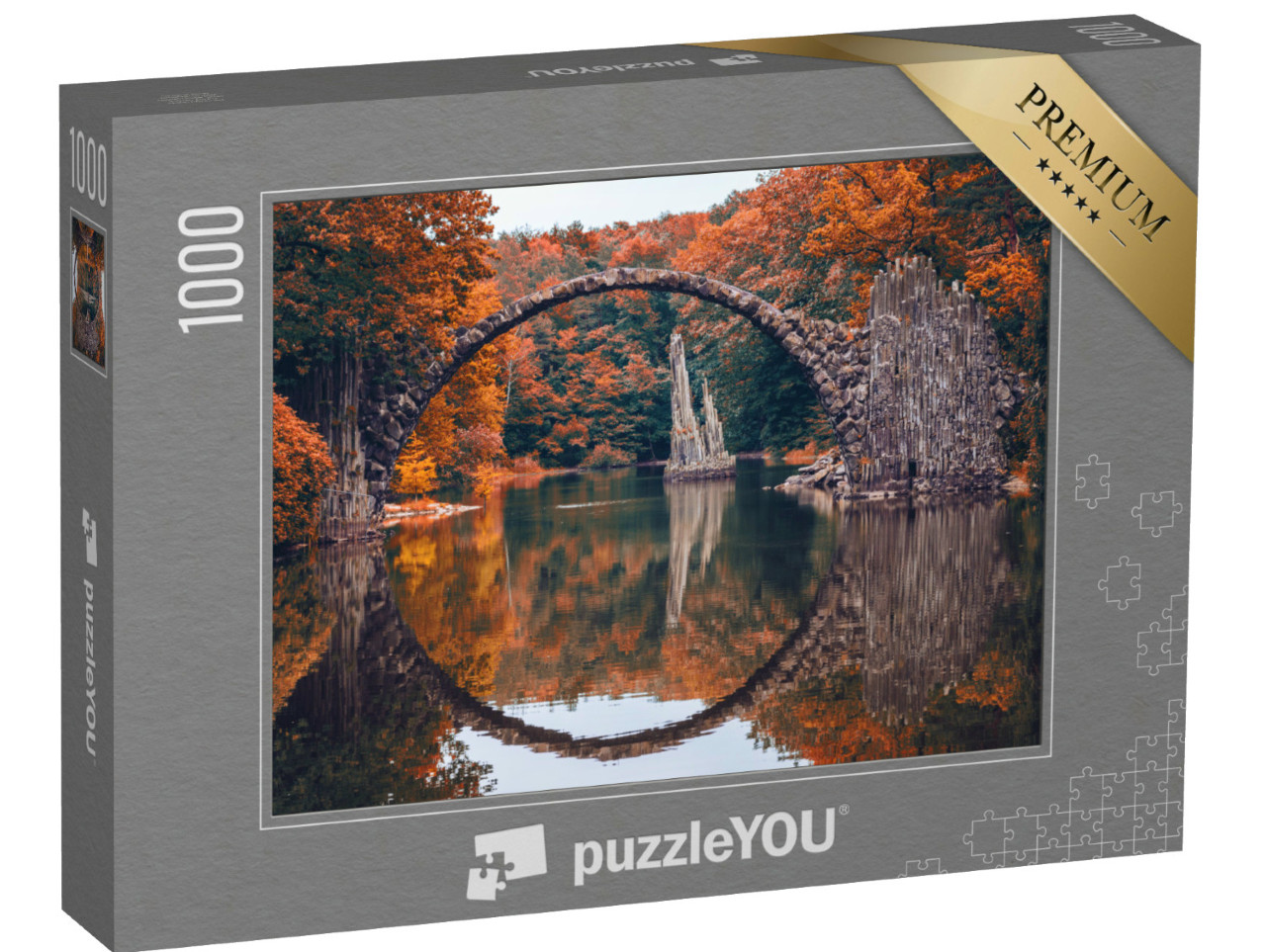 Puzzle 1000 pezzi „Rakotzbrücke in autunno: panorama da Kromlau, Sassonia, Germania“