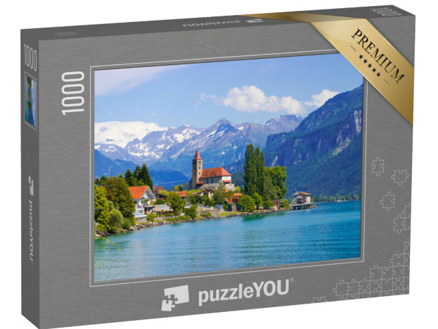 Puzzle 1000 pezzi „Città di Brienz sul lago di Brienz di fronte alle Alpi, Interlaken, Svizzera“