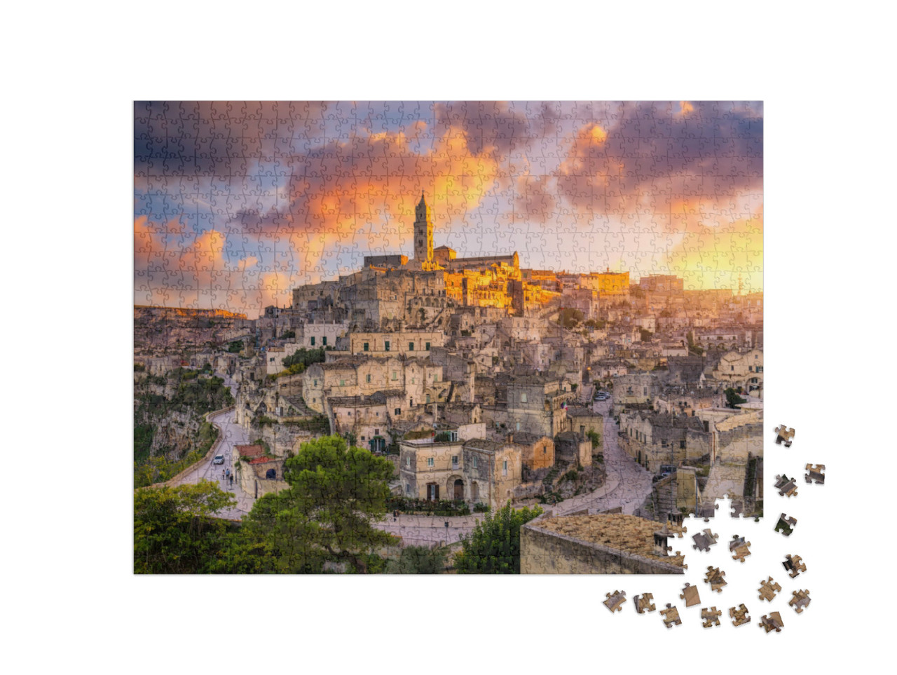 Puzzle 1000 pezzi „Vista del borgo di Matera su uno sperone roccioso in una bella giornata autunnale, Basilicata“