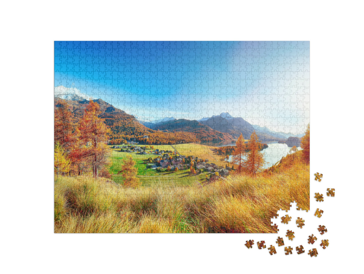 Puzzle 1000 pezzi „Panorama autunnale su Sils in Engadina“