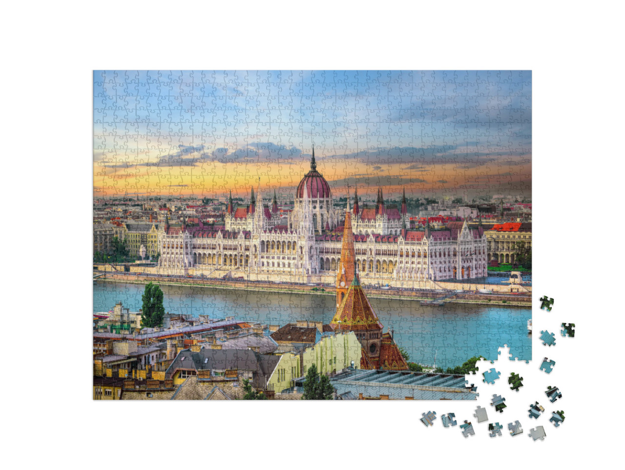 Puzzle 1000 pezzi „Tramonto su famosi monumenti di Budapest“