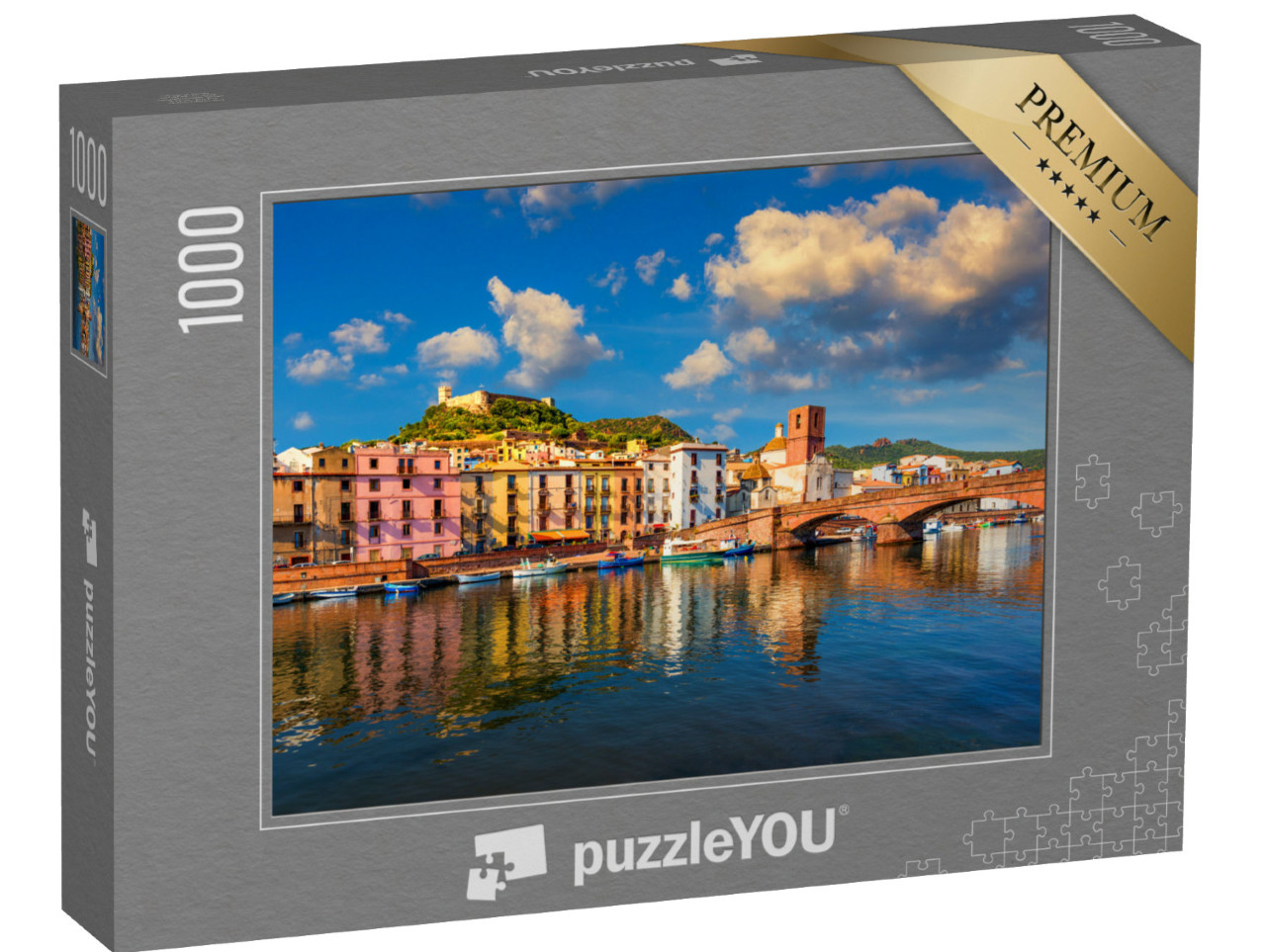 Puzzle 1000 pezzi „Veduta aerea del bellissimo villaggio di Bosa con le sue case colorate, nel nord-ovest della Sardegna“