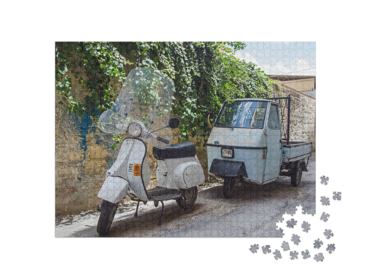 Puzzle 1000 pezzi „Trasporto classico italiano Ape e scooter per strada a Palermo, Italia“