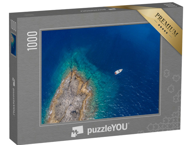 Puzzle 1000 pezzi „Vista aerea di un'isola deserta con una barca bianca costa rocciosa dell'isola di Zannone, vicino a Ponza“