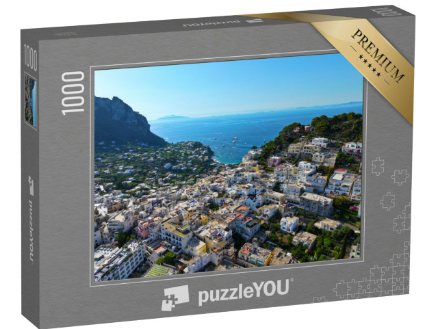 Puzzle 1000 pezzi „Vista dall'alto di Capri con barche e yacht, Costiera Amalfitana, Italia“