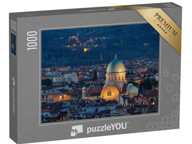 Puzzle 1000 pezzi „Grande Sinagoga di Firenze o Tempio Maggiore tra gli edifici di notte. Italia.“