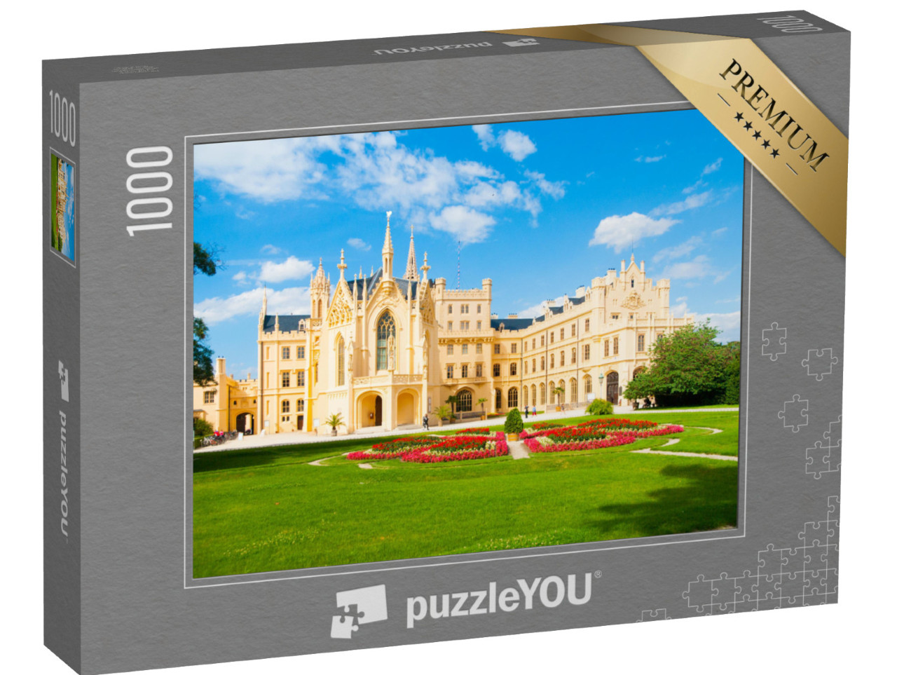 Puzzle 1000 pezzi „Il castello di Lednice in una soleggiata giornata estiva, Moravia, Repubblica Ceca“