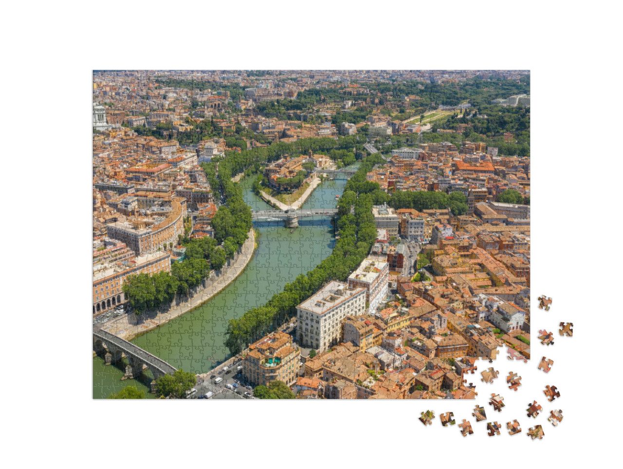 Puzzle 1000 pezzi „Il quartiere di Trastevere e l'Isola Tiberina, l'unica isola fluviale in questa parte del Tevere“