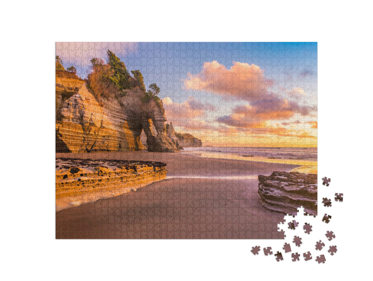 Puzzle 1000 pezzi „Tramonto su una spiaggia rocciosa nel distretto di Taranaki, Nuova Zelanda“