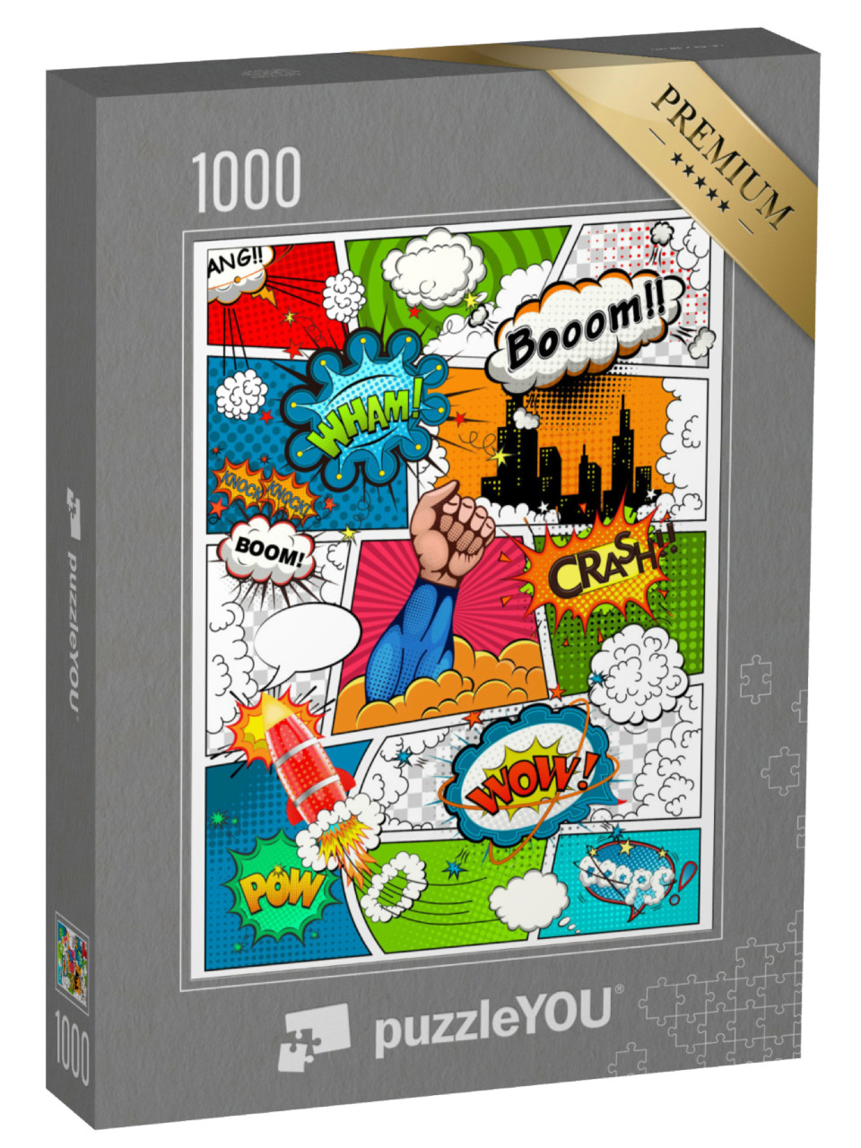 Puzzle 1000 pezzi „Pagina a fumetti divisa da righe con bolle di testo, razzo e supereroi“