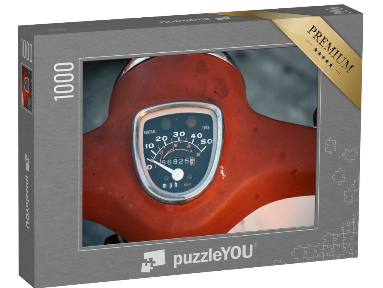 Puzzle 1000 pezzi „Vecchio, rosso Vespa primo piano. Vespa tachimetro dettaglio. Moto retrò“