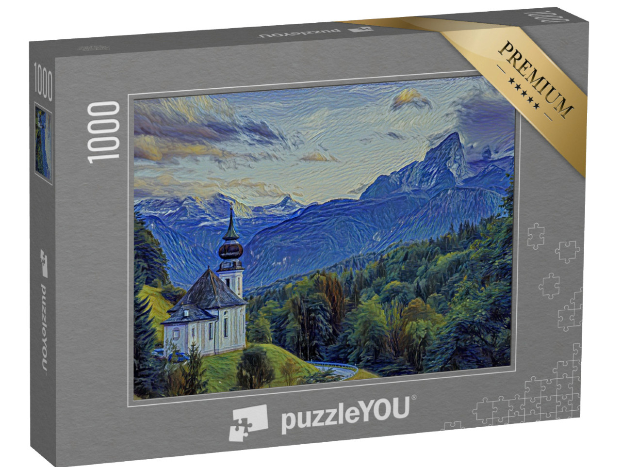 Puzzle 1000 pezzi „nello stile artistico di van Gogh, Notte stellata - Watzmann con la chiesa di Maria Gern“