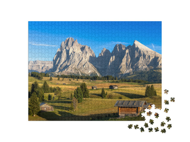Puzzle 1000 pezzi „Vista sull'Alpe di Siusi, Alto Adige nella luce dorata della sera“