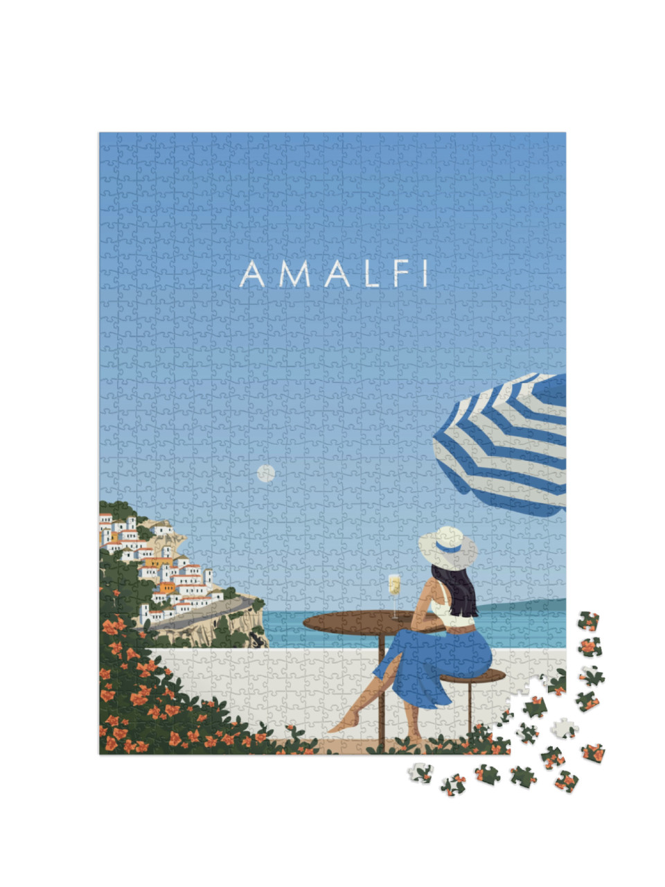 Puzzle 1000 pezzi „Illustrazione vettoriale. Poster murale, cartolina, copertina, packaging design. Amalfi. Caffè estivo“