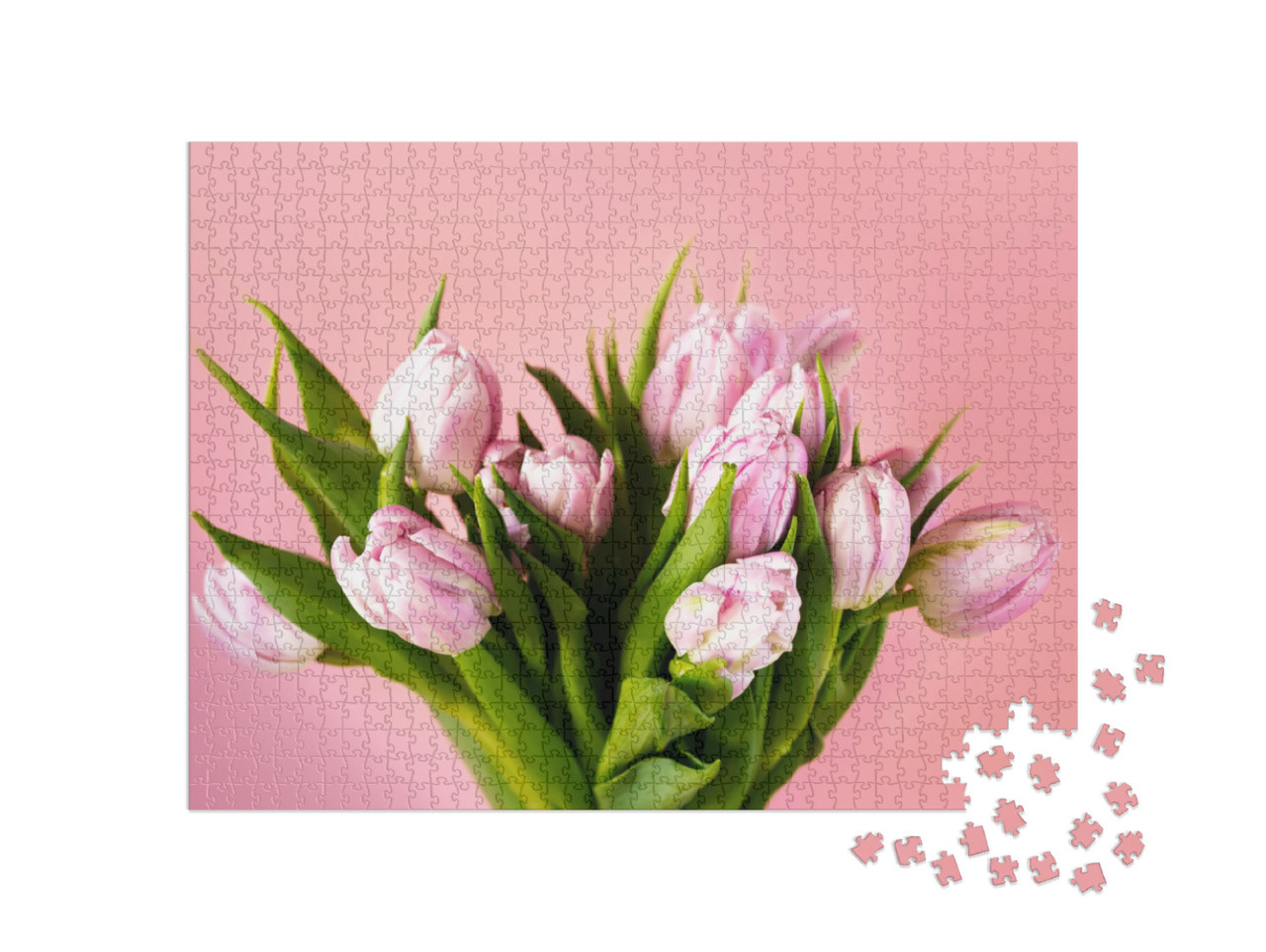 Puzzle 1000 pezzi „Primo piano di un bouquet di tulipani rosa per la festa della mamma“