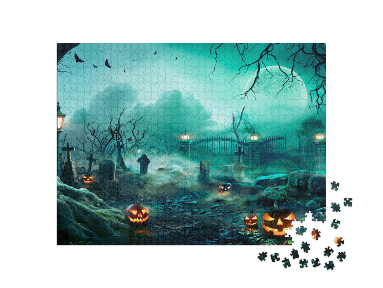 Puzzle 1000 pezzi „Zucche nel cimitero in una spettrale notte di Halloween“