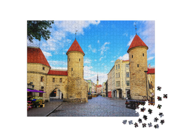 Puzzle 1000 pezzi „Le torri gemelle della Porta Viru nella Città Vecchia di Tallinn, Estonia“