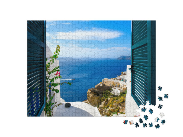 Puzzle 1000 pezzi „Vista da una finestra del villaggio di Oia sull'isola di Santorini, Grecia“