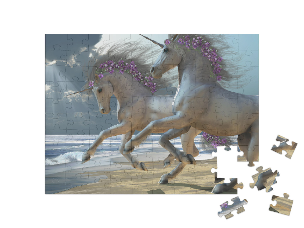 Puzzle 100 pezzi „Due bellissimi unicorni bianchi si divertono sulla spiaggia“