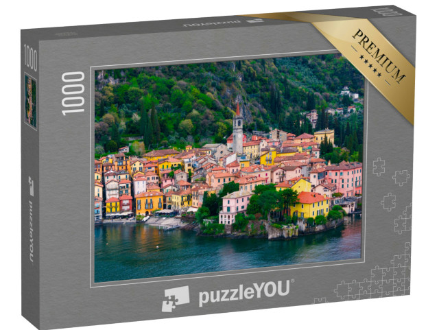 Puzzle 1000 pezzi „Villaggio di Varenna sul lago di Como, vista aerea del centro storico con la chiesa di San Giorgio“