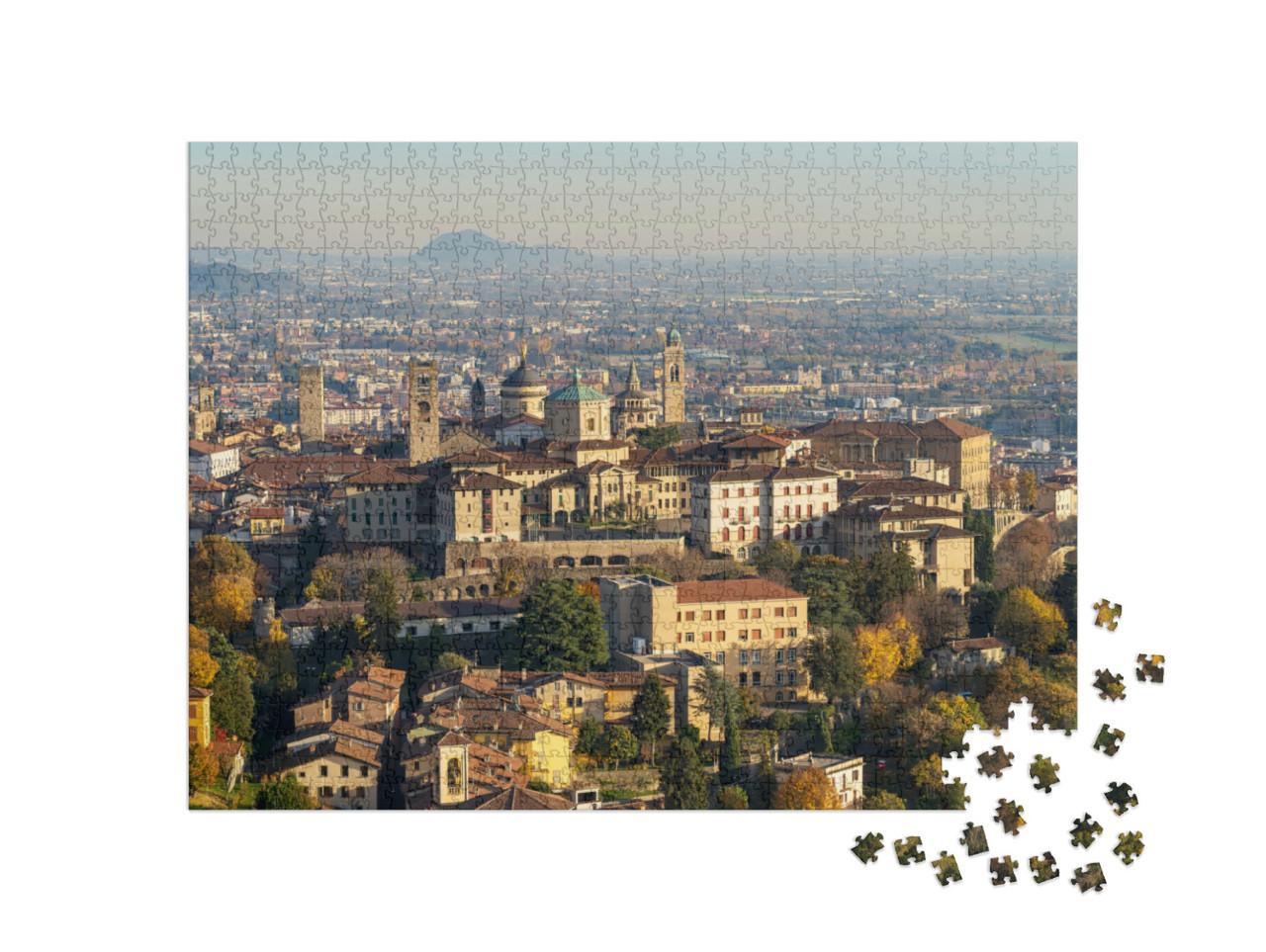 Puzzle 1000 pezzi „Bergamo: Paesaggio mattutino della città vecchia dal colle di San Vigilio“