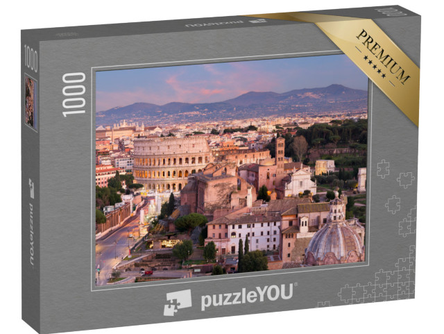 Puzzle 1000 pezzi „Roma, vista del Colosseo e delle aree archeologiche al tramonto.“